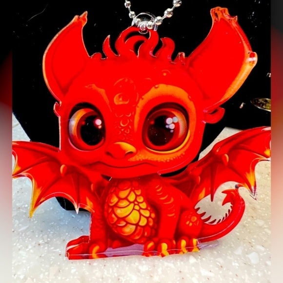 Cute Red Dragon Window/Car Hanger, bright color, 3” X 3”, chain 16”, 1/8”plastic - Picture 1 of 2